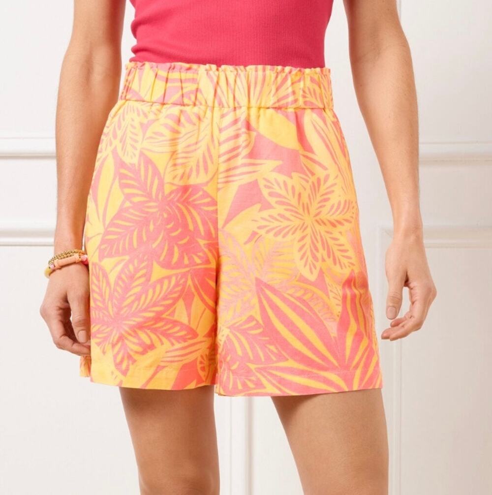 TALBOTS PULL-ON WASHED LINEN SHORTS WATERCOLOR BOTANICAL HAWAIIAN ORANGE MEDIUM